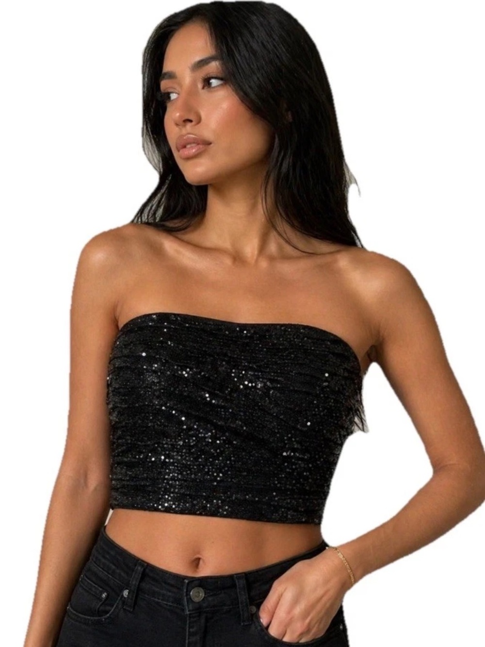 Lulus XS Shine Your Love Black Sequin Ruched Strapless Crop Top Elegant Party